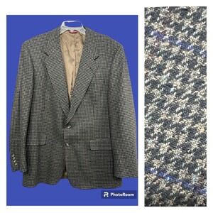 Vtg‎ Hart Schaffner Marx Wool Houndstooth Sport Coat Blazer 46L Black Brown Blue